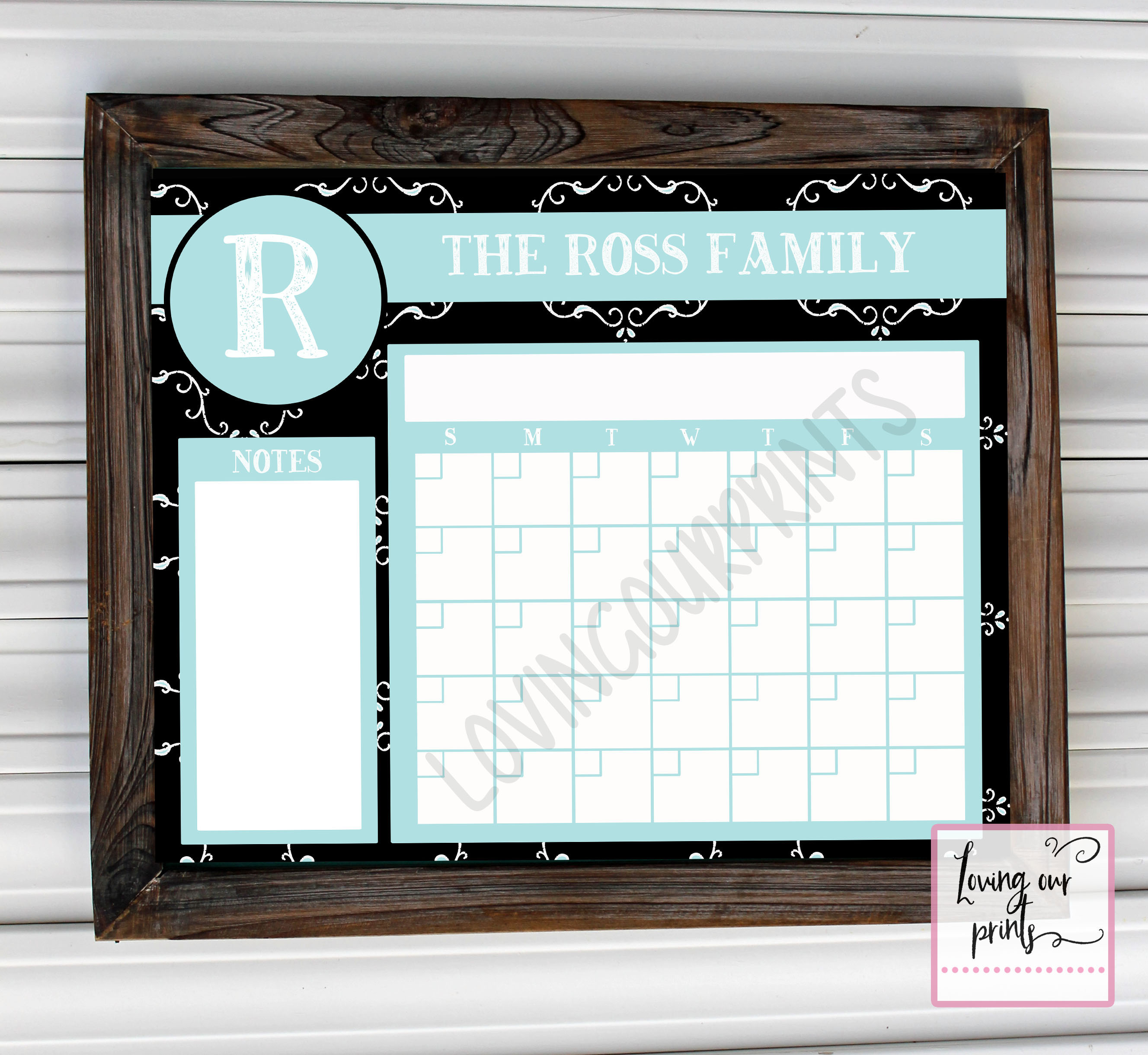 Scroll black and blue family calendar watermark