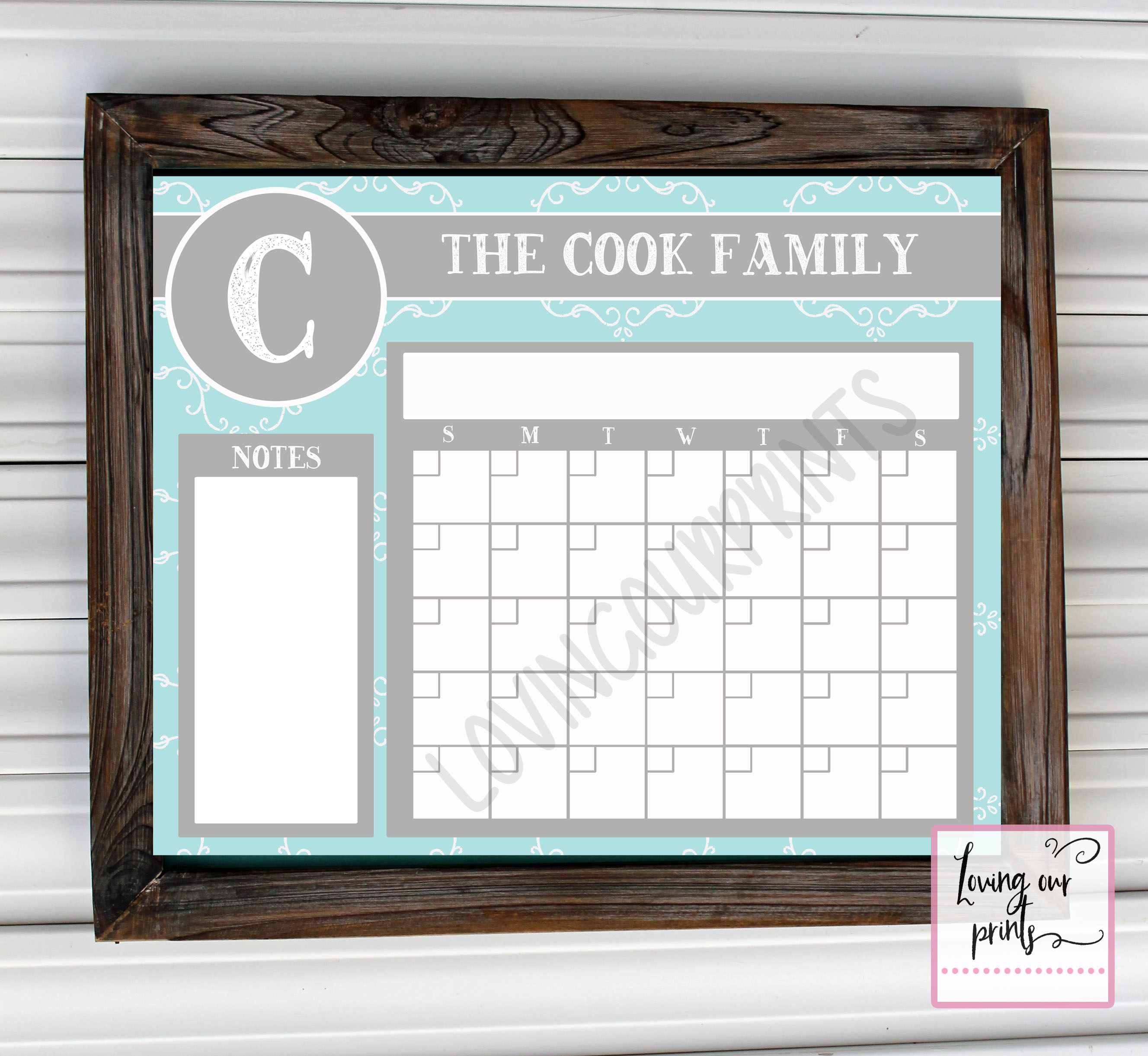 Scroll blue and gray family calendar watermark